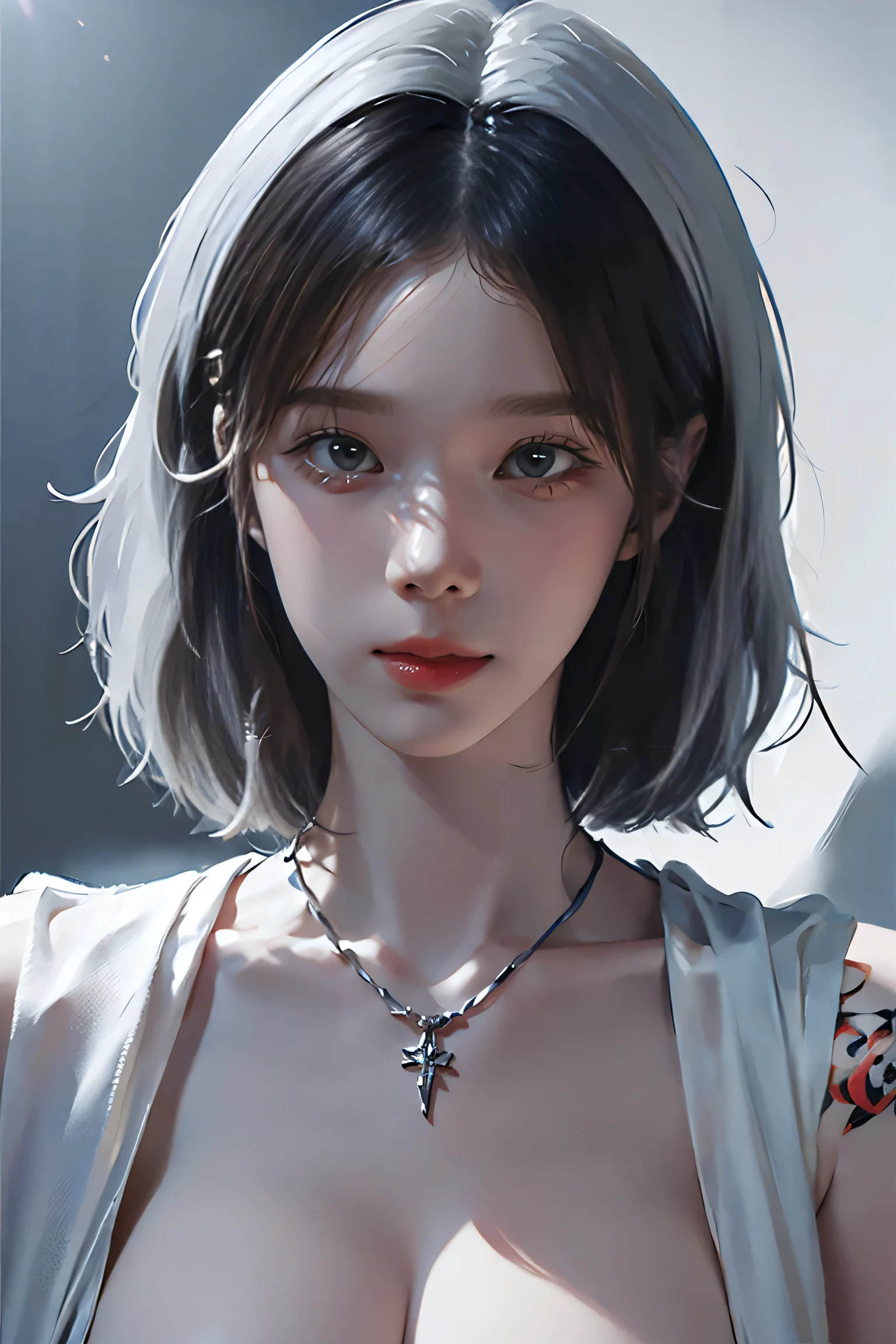 ((Close-up of a woman with tattoos on her chest)), girl, Short white hair with bangs, ((Black strands of hair)), Purple eyes, White T-shirt and white cape, Pendant around the neck. 超High resolution.Photorealistic. 超High resolution.Photorealistic:1.4,超High resolution. Realistic,High resolutionで, masterpiece, Highest quality, Very detailed, Better Shadows, Volumetric lighting), super high quality, High resolution, 8k, Ultra-Realistic Portraits , Photorealistic, Dynamic Lighting, Volumetric lighting, Very detailed顔,(NSFW:1.2)