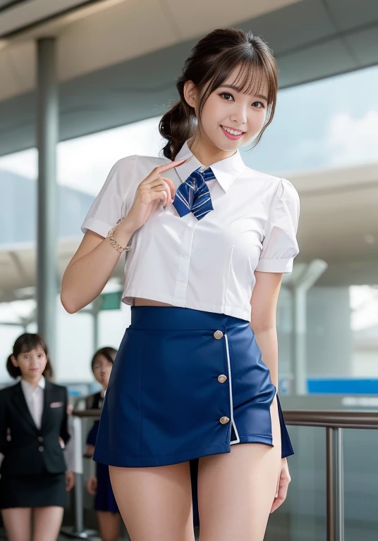 Very beautiful Japanese female stewardess、Age 25、Perfect beauty、Perfect Style、smile、detail、(((stewardess costume))), (((mini skirt))), (hi-res: 1.1)), (((On the runway of an international airport))), (((Hair style: chignon))), looking at the camera、Cowboy Shot、Panties are visible, smile, Slim legs, Tightened ankle, Licking lips,((Perfect beauty)), ahegao, ((Milk is spilling out of the mouth)), Camel Toe,ahegao, Licking lips,((From below:1.25))、