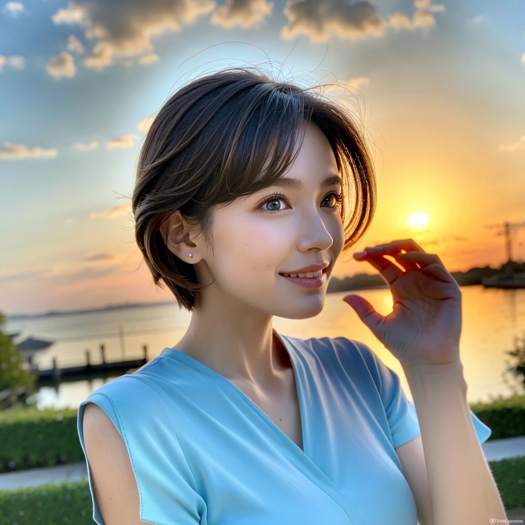 8k,Brown short hair,Very slim body、Japanese actress,Super Beauty(Like the real thing),Wine Party、wine glass、sparkling wine、full-course dinner,Neat and clean dresses,Cocktail Dresses、Big smile,Amazing view of the sunset sky and clouds、,Perfect Anatomy,charm,Volume measurement,Body balance,Digital single-lens reflex camera, Soft lighting, Detailed Background, Written boundary depth, Volumetric lighting, Sharp focus, Absurd, Realistic proportions, Excellent anatomy, (Realistic, 超Realistic:1.4), 16k hdr, dawn,High resolution,super Realistic 肌,super beautiful expression,Fantasy art,Character Art,Wind effects:1.9、Cloud Effect:1.2、Full Rendering、プロ品質のHigh resolution、Perfect contrast、Perfect lighting、Perfect composition、Perfect Skin、Perfect Fingers、Perfect breasts、Perfect Hair、Perfect Face、Realistic facial features,Highest quality,Slim figure,Perfect body line,Perfect hand shape,Anatomical Body Balance,Highly detailed face,Highly detailed eyes,Beautiful Lips,Excellent light particles,Cinema Lighting,compensate,超High resolution,Ultra-Realistic Skin,Dynamic pose,blue eyes,