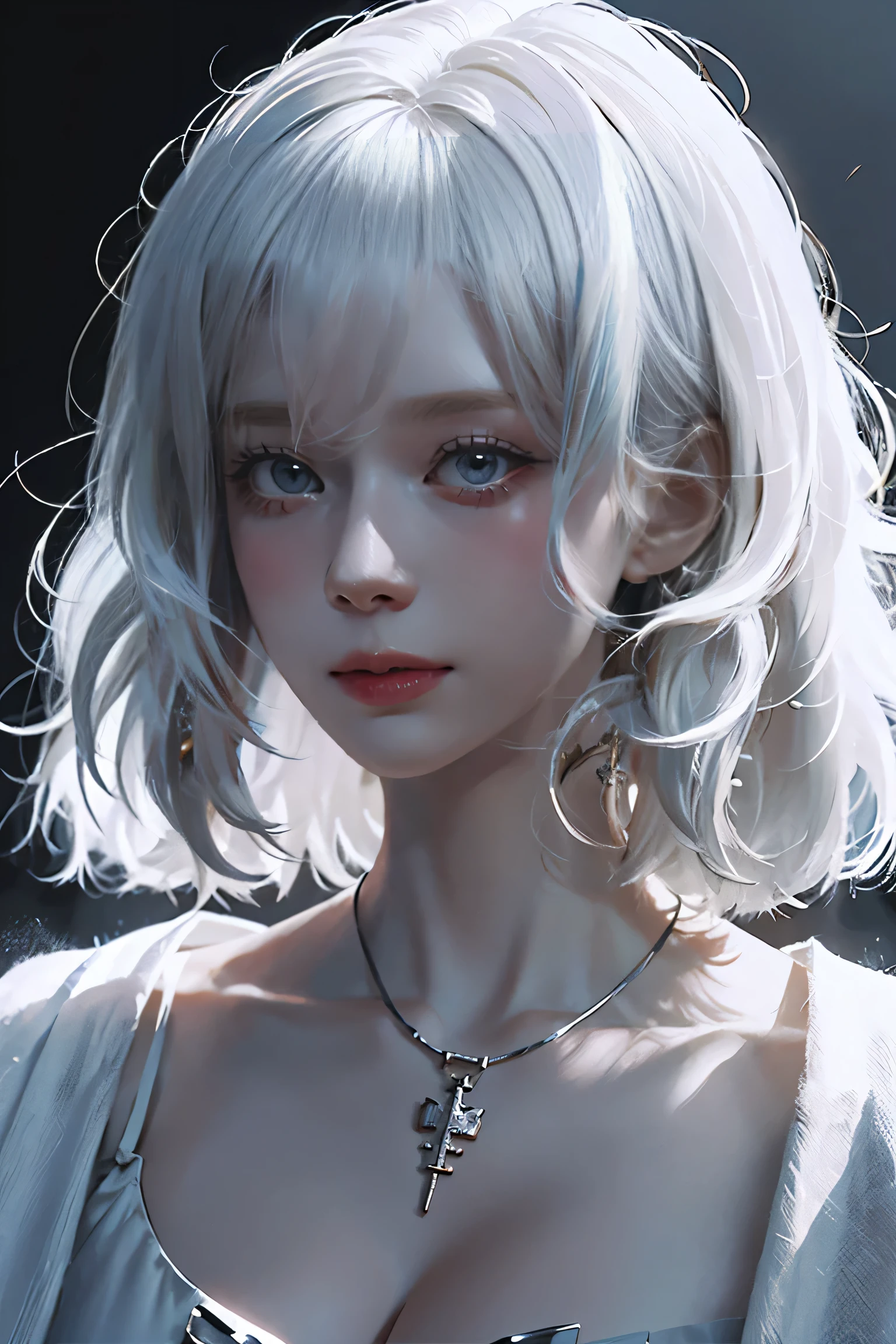 ((Close-up of a woman with tattoos on her chest)), girl, ((Short white hair with bangs, Black strands of hair)), Purple eyes, White T-shirt and white cape, Pendant around the neck. 超High resolution.Realistic. 超High resolution.Realistic:1.4,超High resolution. Realistic,High resolutionで, masterpiece, Highest quality, Very detailed, Better Shadows, Volumetric lighting), super high quality, High resolution, 8k, Ultra-Realistic Portraits , Realistic, Dynamic Lighting, Volumetric lighting, Very detailed顔,(Browsing Caution:0.8),Large Breasts