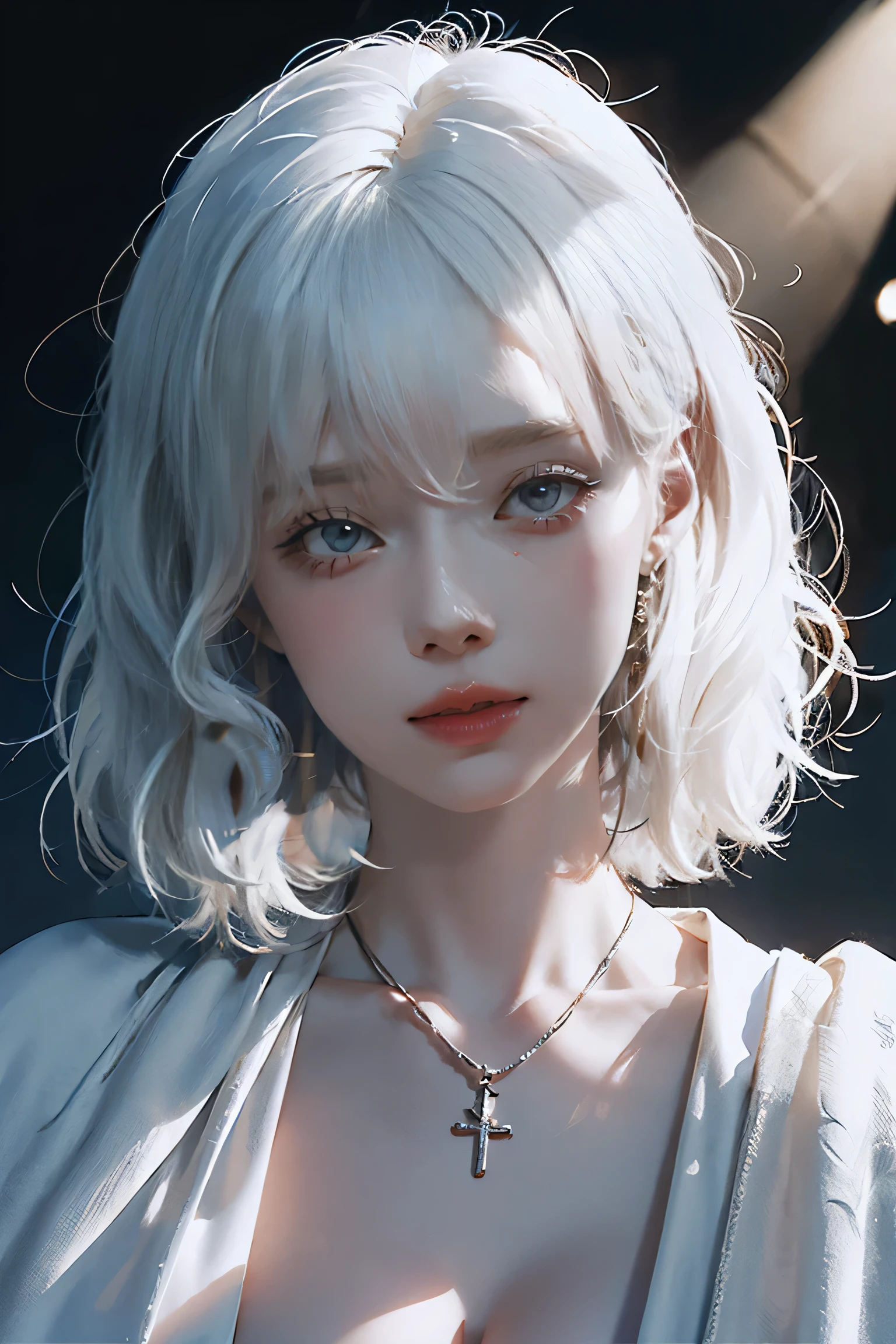 ((Close-up of a woman with tattoos on her chest)), girl, ((Short white hair with bangs, Black strands of hair)), Purple eyes, White T-shirt and white cape, Pendant around the neck. 超High resolution.Realistic. 超High resolution.Realistic:1.4,超High resolution. Realistic,High resolutionで, masterpiece, Highest quality, Very detailed, Better Shadows, Volumetric lighting), super high quality, High resolution, 8k, Ultra-Realistic Portraits , Realistic, Dynamic Lighting, Volumetric lighting, Very detailed顔,(Browsing Caution:0.8),Large Breasts