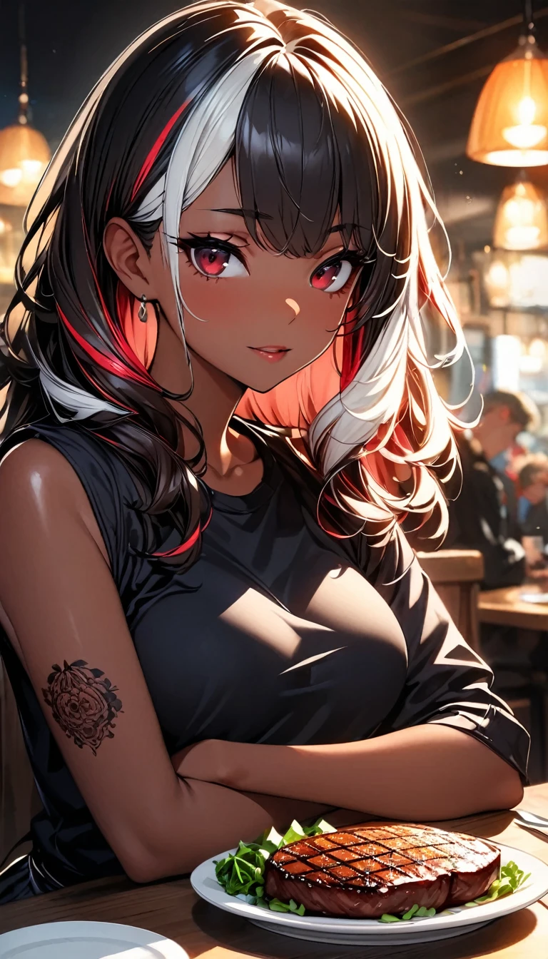 (highest quality:1.2, Very detailed, up to date, Vibrant, Ultra-high resolution, High Contrast, masterpiece:1.2, highest quality, Best aesthetics), Portraiture、girl、singer, solo, ((25-years-old:1)), Bright colors, Beautiful fine details、Beautiful lip detail、medium wave hair、red and white ((streaked hair:1.6)), highlights hair: 1.5, red eyes, slim body, medium breast, (tan skin:1.1), (Floral Fineline tattoo design on left arm:1), black t-shirts, drink mug of beer, (eat thick steak with knife and folk:1), siting in table, steak dinner, salad, steak house, (upper body),