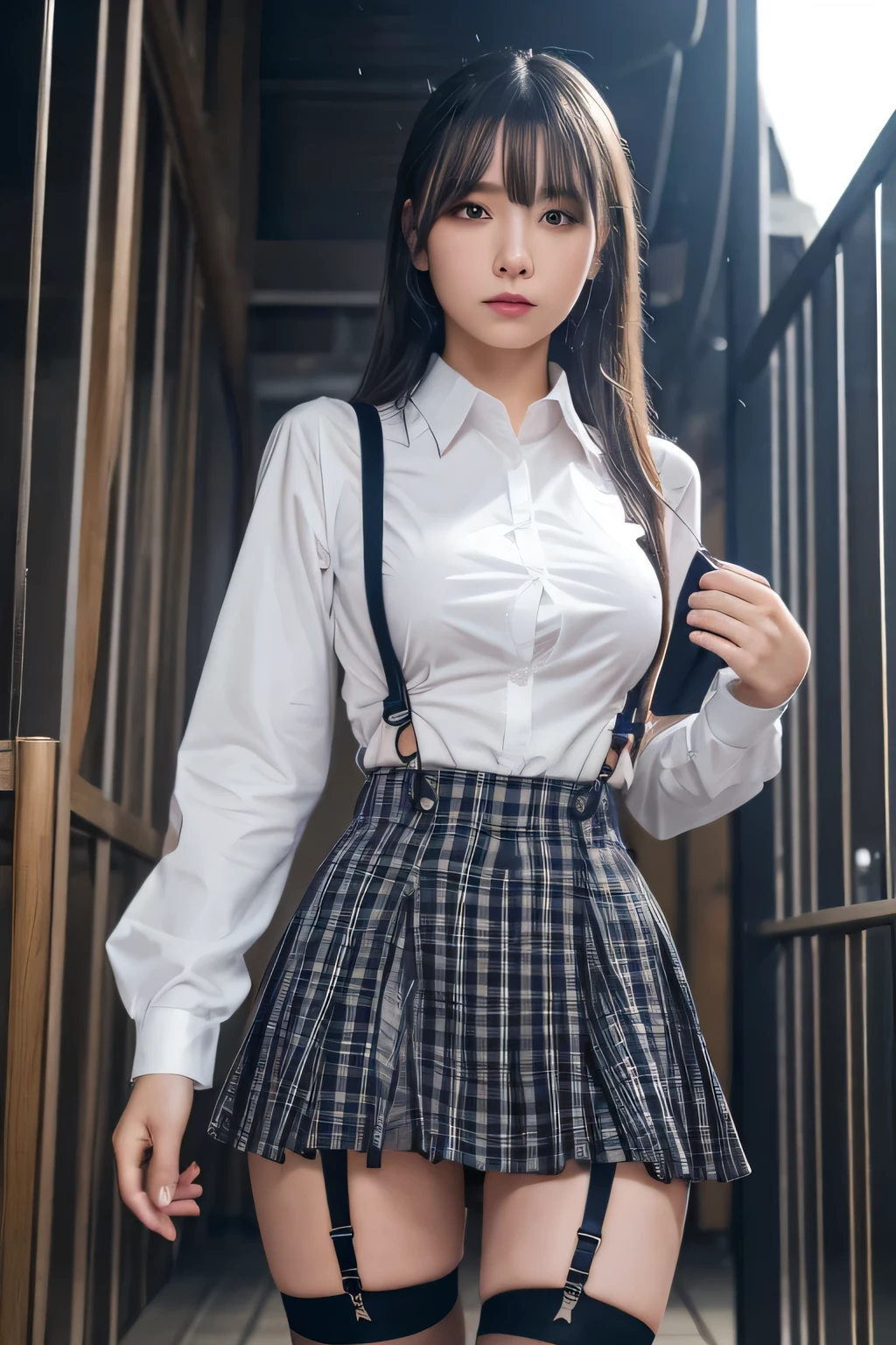 1 female, , high quality, masterpiece, Ultra-high resolution, Cinema Lighting, 1 female, , high quality, masterpiece, Ultra-high resolution, , Cinema Lighting, suspenders　　　Moderate breasts　 　 　　　　　 　　　　Small face　 　　　　　　　　　　　Looking up　　　　Sweat 　　　Thin belt　buzzer　脇Sweat 　　　　 　Garter belt　　Belt on pants　　holster　 　　Hands behind your back　 　Looking up　Anxious face　Knee-high　Knee socks　Knee-highソックス 　garter　ふとももにGarter belt　Checkered mini skirt　 　　Panty shot　Skirt gap Armament　　　holster　holster 　　Hands behind your back　 Anxious expression　　Anxious face, legs apart　Armament　　Leg holster　holster　See-through clothing　heavy rain　Rain-soaked dress shirt,
