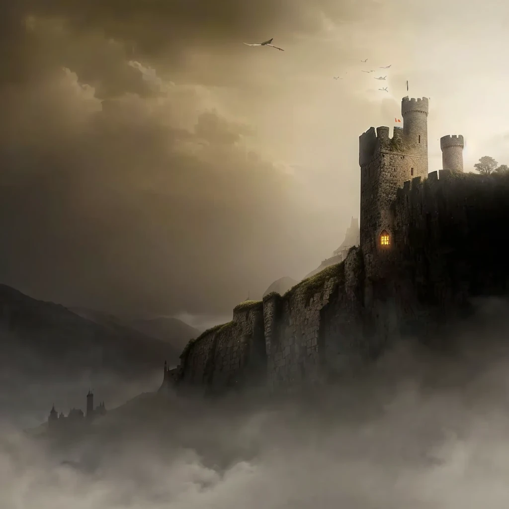 Alafiid Castle in the fog,Birds flying, Misty Castle, scarry castle)). mystery, scarry castle). mystery, Dark Castle Setting, Castle Background, dark Castle Background, Castle in the Clouds, medieval Castle Background, Castle on the hill, Abandoned Sky Castle, Castle made of clouds, gloomy medieval background, a medieval castle