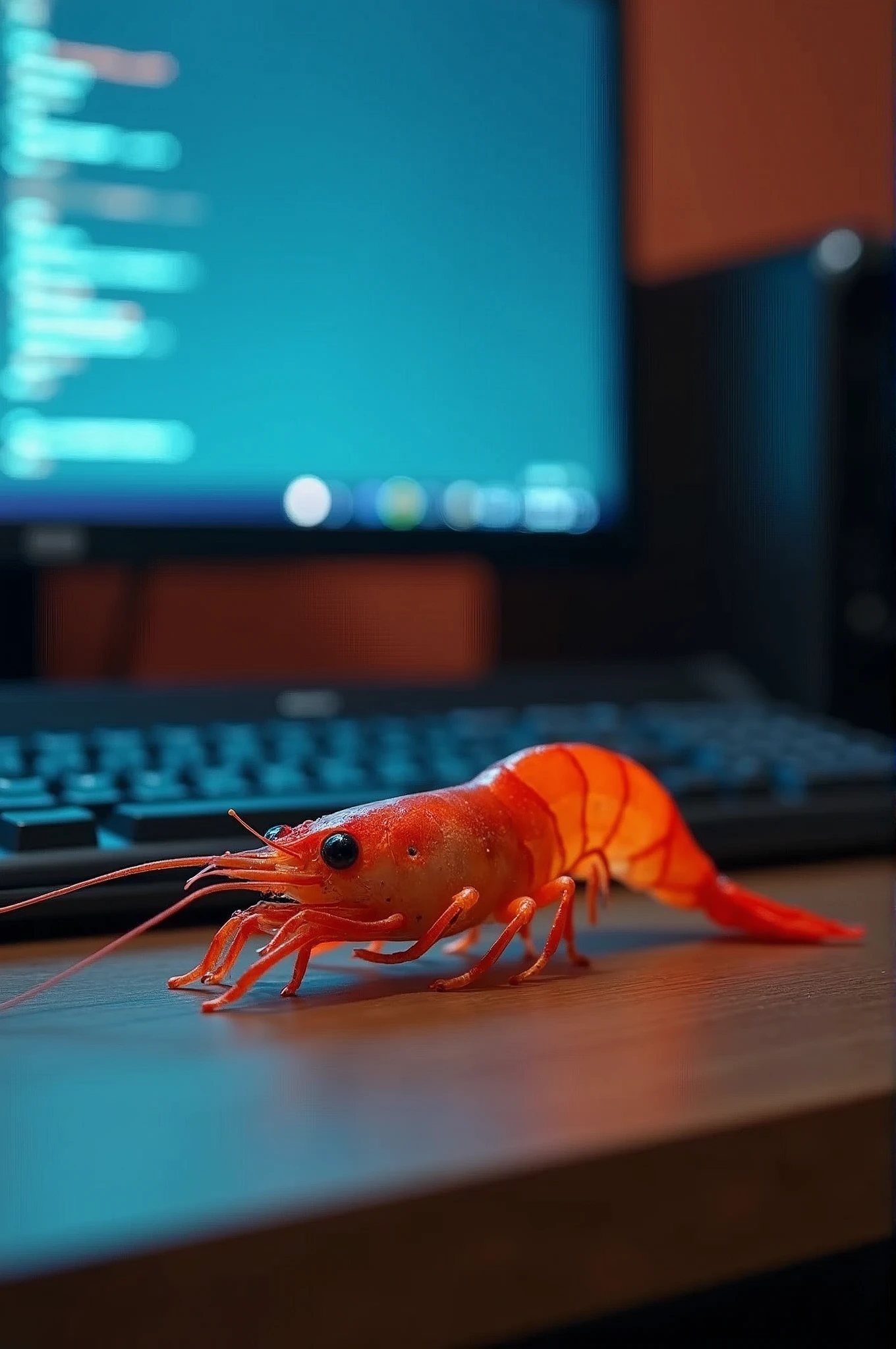 A big shrimp is lying in front of the computer desk