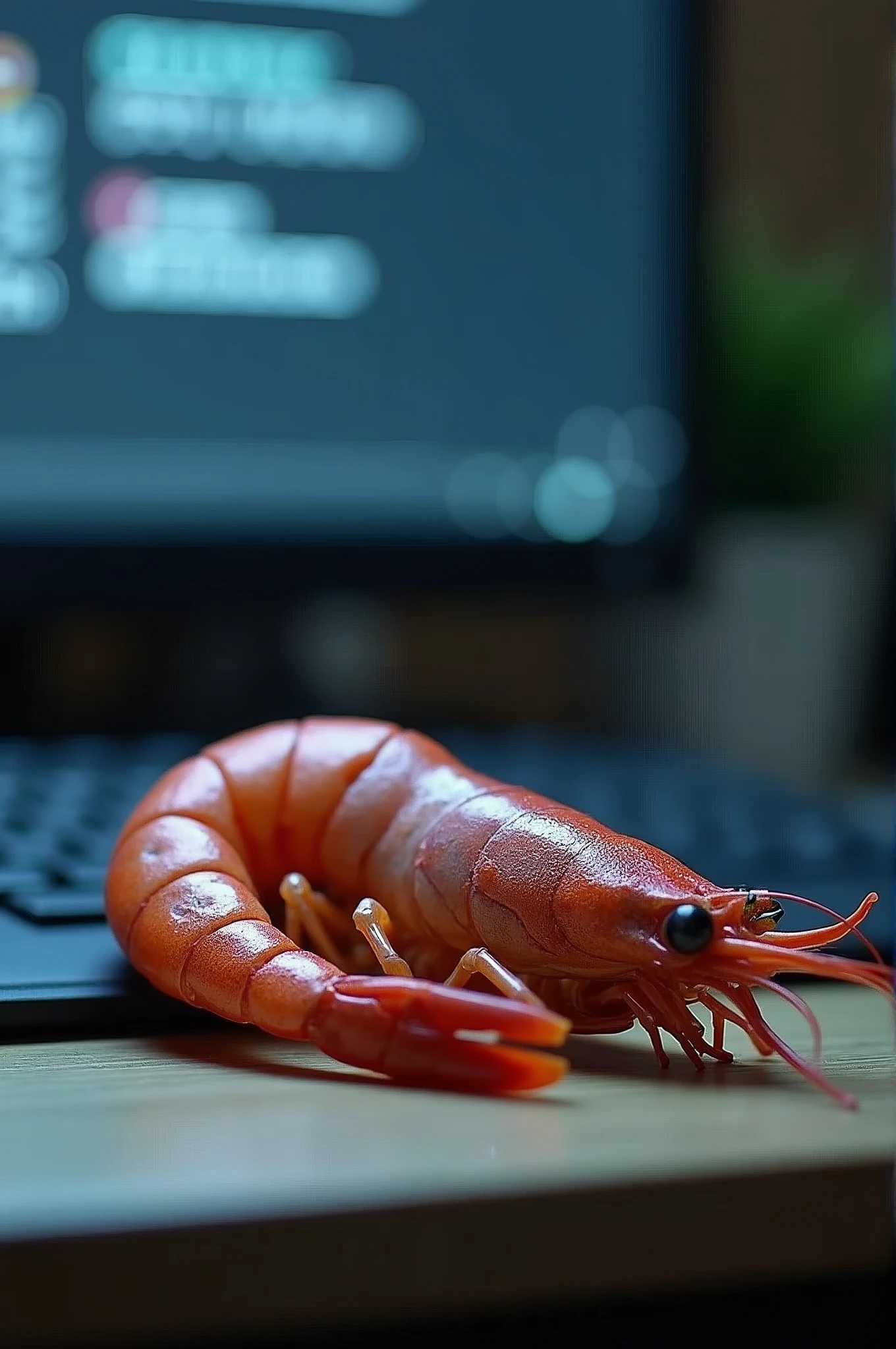 A big shrimp is lying in front of the computer desk