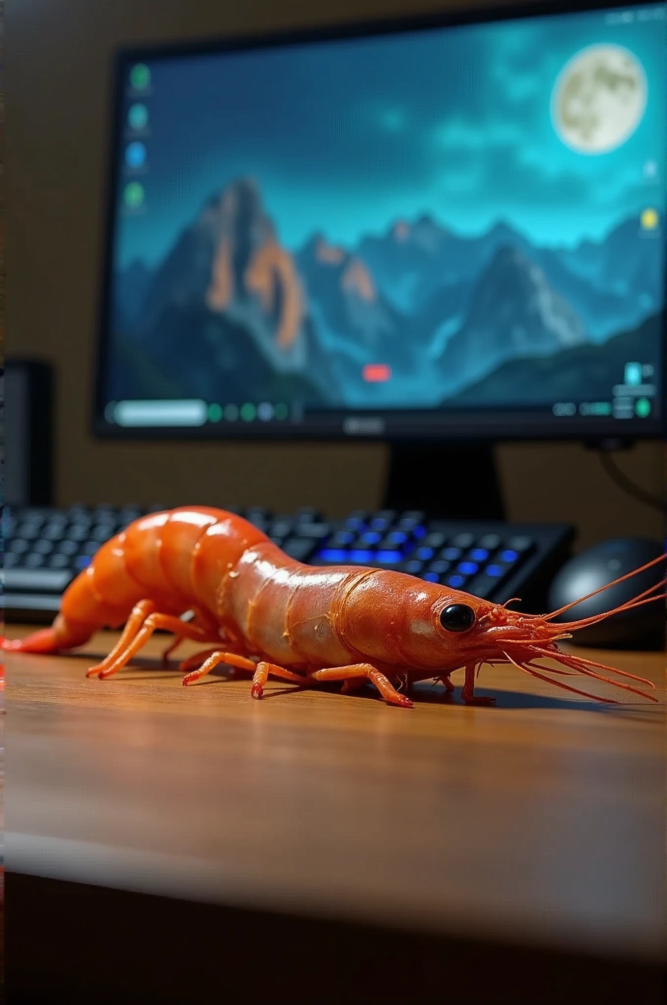A big shrimp is lying in front of the computer desk