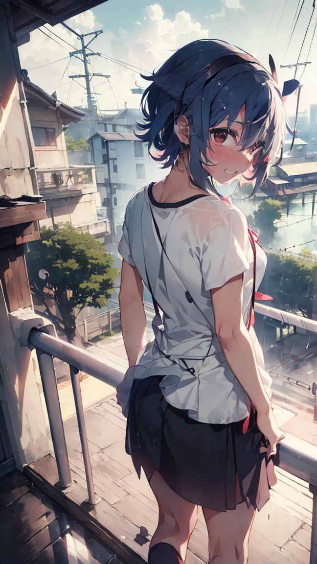 masterpiece, Highest quality, High resolution, Very detailed,(((Mikoto Naruka))), (((heavy rain)))、(((laughing。)))、(((Standing in the distance))), (((Looking back。))), (((Back view))), (((electric wire))), (((Electric pole))), (((White T-shirt))), (((Balcony))), (((handrail))), (((Blushing。)))