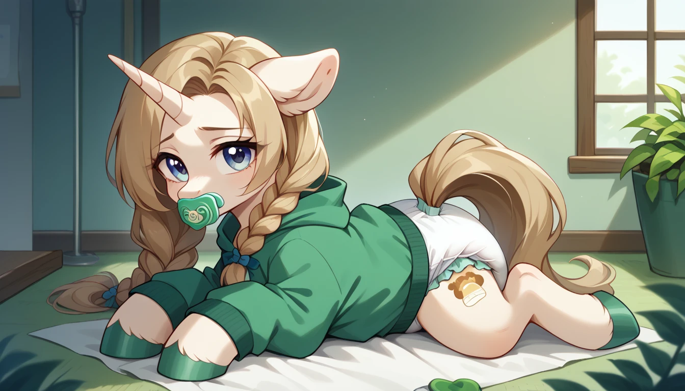 pony, light caramel unicorn, adult mare, plum eyes, lush mane braided into a braid, lush tail, sitting in the room on a soft play mat, dressed in bright green onesie and green booties, a pacifier in her mouth, solo, a thick light green diaper under her clothes.