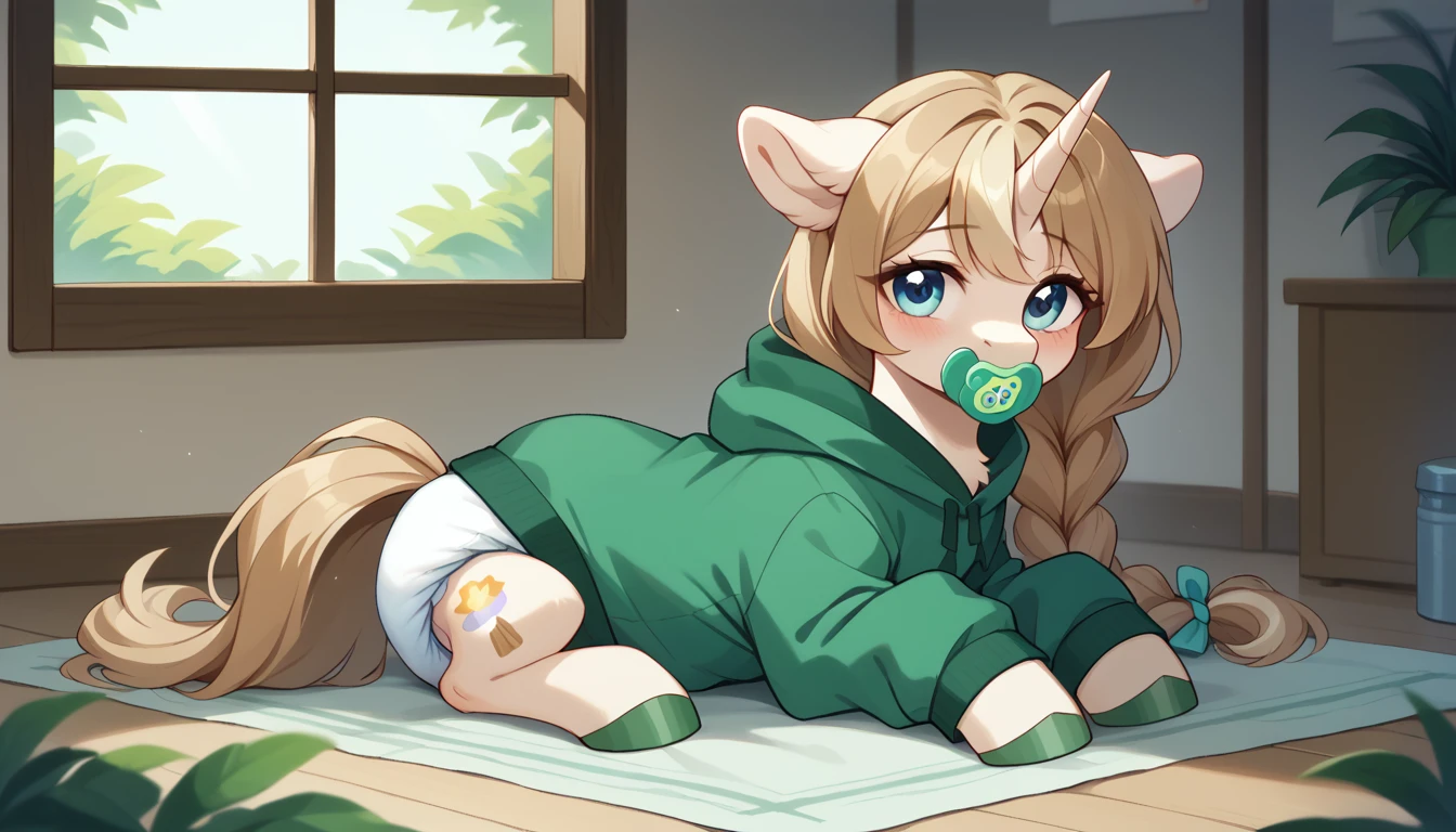 pony, light caramel unicorn, adult mare, plum eyes, lush mane braided into a braid, lush tail, sitting in the room on a soft play mat, dressed in bright green onesie and green booties, a pacifier in her mouth, solo, a thick light green diaper under her clothes.