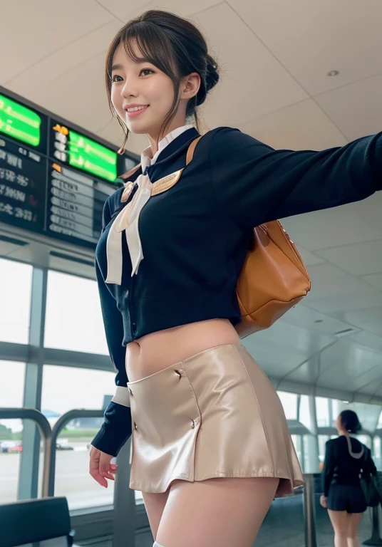 Very beautiful Japanese female stewardess、Age 25、Perfect beauty、Perfect Style、smile、detail、(((stewardess costume))), (((mini skirt))), (hi-res: 1.1)), (((On the runway at the airport))), (((Hair style: chignon))), looking at the camera、Cowboy Shot、Panties are visible, smile, Slim legs, Tightened ankle, Licking lips,((Perfect beauty)), ahegao, ((Milk is spilling out of the mouth)), Camel Toe,ahegao, Licking lips,((From below:1.25))、