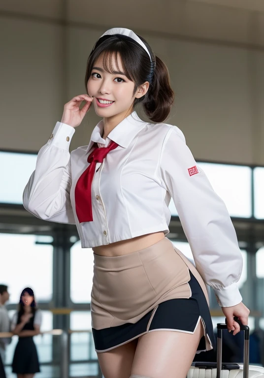 Very beautiful Japanese female stewardess、Age 25、Perfect beauty、Perfect Style、smile、detail、(((stewardess costume))), (((mini skirt))), (hi-res: 1.1)), (((On the runway at the airport))), (((Hair style: chignon))), looking at the camera、Cowboy Shot、Panties are visible, smile, Slim legs, Tightened ankle, Licking lips,((Perfect beauty)), ahegao, ((Milk is spilling out of the mouth)), Camel Toe,ahegao, Licking lips,((From below:1.25))、