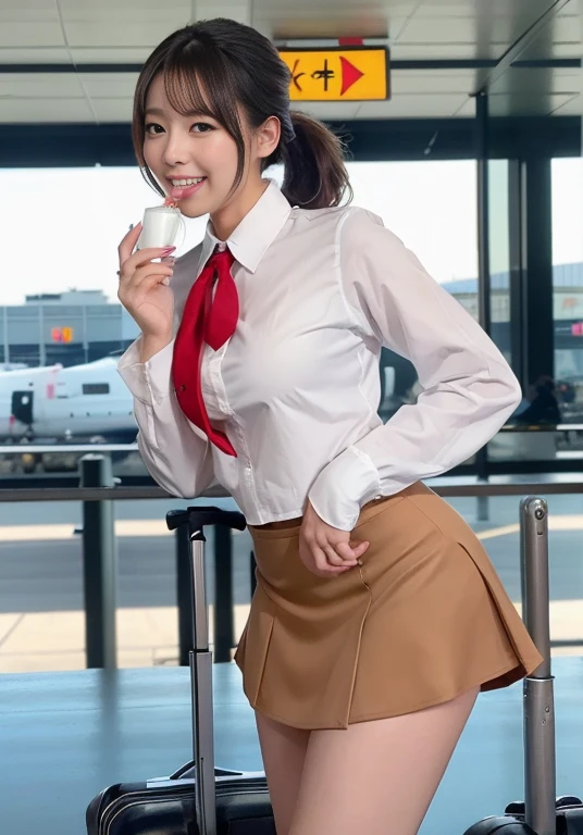 Very beautiful Japanese female stewardess、Age 25、Perfect beauty、Perfect Style、smile、detail、(((stewardess costume))), (((mini skirt))), (hi-res: 1.1)), (((On the runway at the airport))), (((Hair style: chignon))), looking at the camera、Cowboy Shot、Panties are visible, smile, Slim legs, Tightened ankle, Licking lips,((Perfect beauty)), ahegao, ((Milk is spilling out of the mouth)), Camel Toe,ahegao, Licking lips,((From below:1.25))、