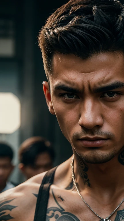 Close-up of a group of extremely handsome, 15-year-old, muscular, tattooed, necklace-wearing, high-tailed young men, street scene, gangster style, romance, Hong Kong cinema, knives, guns, spears, clubs. Their eyes are filled with sadness and longing. The background is a trail of blood and violence. Cinematic lighting, high detail, 8k, artstation, conceptual art, dark fantasy. Photo taken with a Canon EOS R5 85mm f/11 camera, ((sharp)) mode of people and surroundings. Image quality ((8K)), ((realistic)), ((masterpiece)), ((sharpest and highest contrast)), ((excellent depth of field)), ((stereoscopic lighting)). ((angry, ferocious)), detailed pores, ((Direct facial lighting)), bright sunlight.