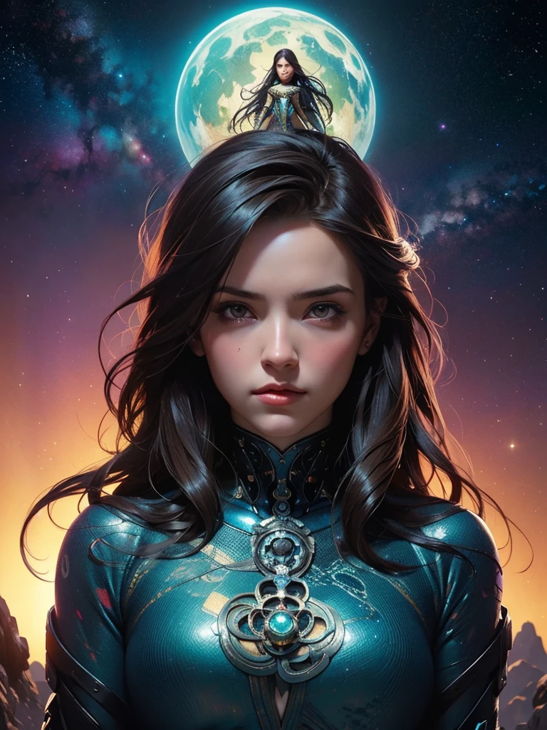 Portrait of a young huge beautiful girl, standing at the edge of the universe, worthwhile gitl:1.2, (low contrast ), colorfantasystyle, 3d, expanse sci-fi space landscape Ceres colony, difficult, very detailed, digital painting, Lots of colors, smooth, Sharp Focus, illustration, unreal engine 5, 8 K, art by Artgerm and Greg Rutkowski and Alphonse Mucha , art to the middle of the road