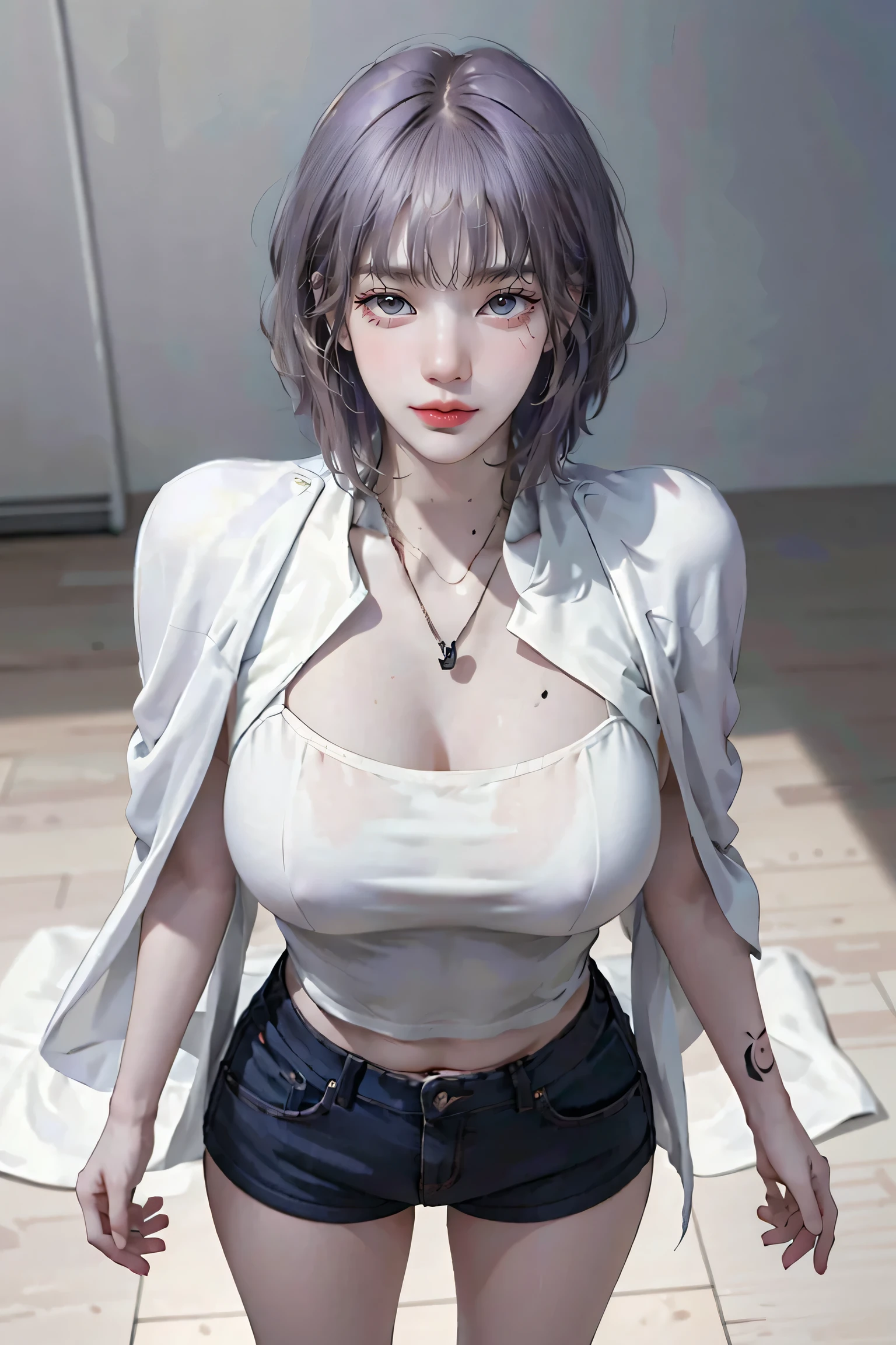 ((woman with tattoo on chest)), girl, Short white hair with bangs, Black strands of hair, Purple eyes, White T-shirt and white cape, Pendant around the neck. Natural and beautiful standing posture, Crisp and realistic body detail. 超High resolution.Photorealistic:1.4,超High resolution. Realistic,High resolutionで, masterpiece, Highest quality, Very detailed, Better Shadows, Volumetric lighting), super high quality, High resolution, 8k, Ultra-Realistic Portraits , Photorealistic, Dynamic Lighting, Volumetric lighting, Very detailed顔,(NSFW:0.9),Large Breasts,Full Body Stand Posture,