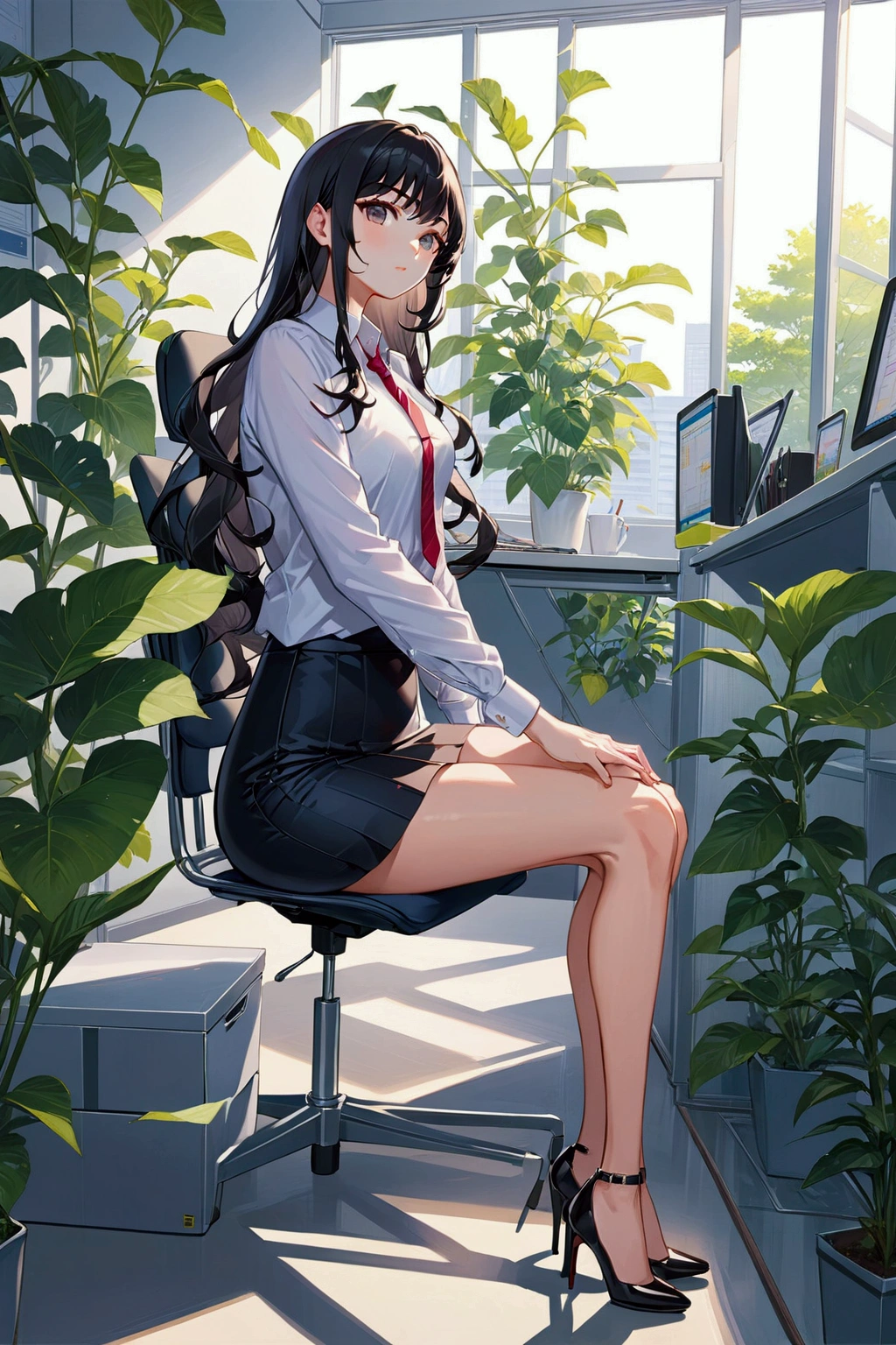 realistic anime illustration of pretty office woman, she is sitting on chair at desk in office room, she has black wavy long hair with bangs, wearing office outfit (business office : shirt, pencil mini skirt, high heels), (1girl, solo,full body), (masterpiece, best quality, perfect legs, japanese anime style), (office room)