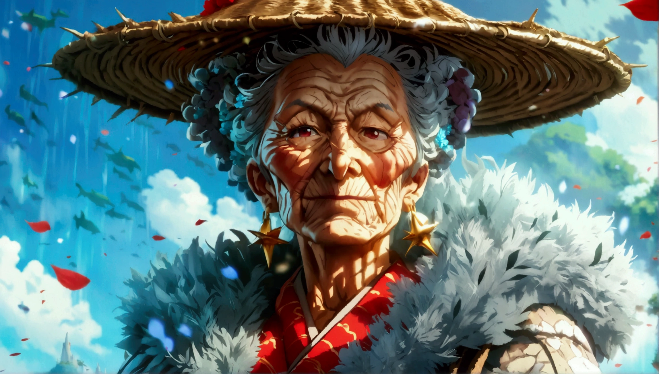 Old woman, large and muscular body, spiky gray hair, scarred body, large luxury coat with high collar, cheerful expression, bright daytime scenery, "Anime character design inspired by One Piece, dramatic and impressive lighting, focus on the centralized character, impressive face, full of creative details, ultra-fine 2D design, scenery bathed in creativity, boasting 2D anime resolution clarity, HD anime graphics, high-octane rendering"