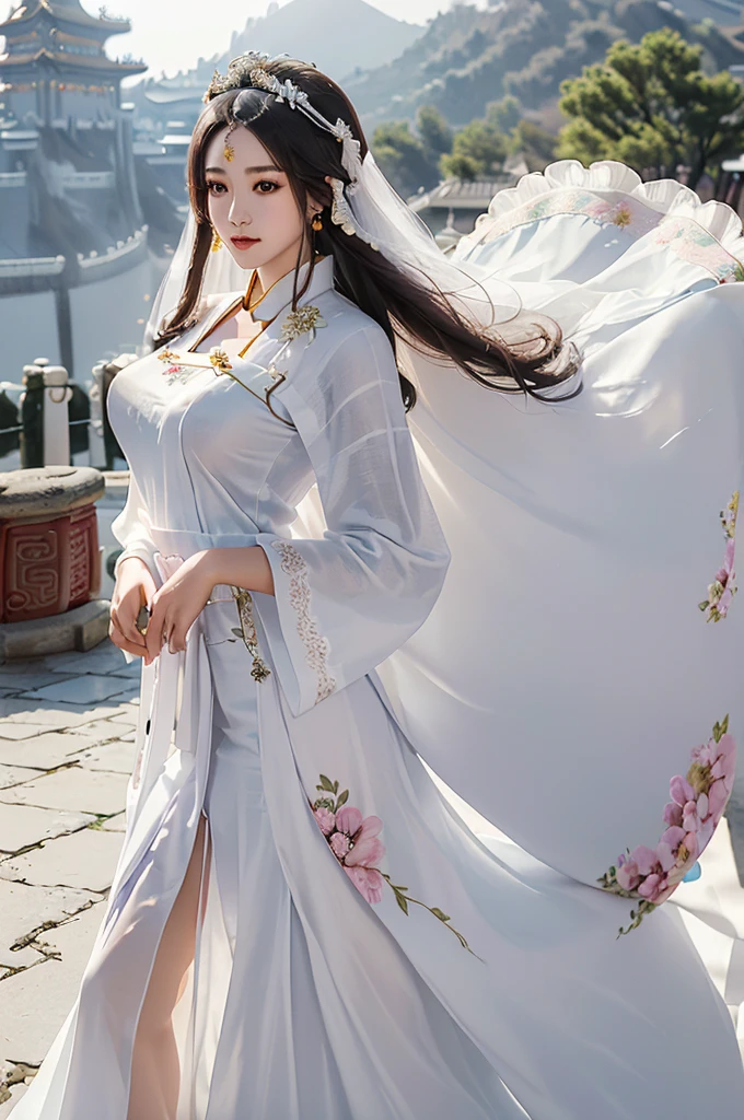 18 year old model, (big breasts:1.2), (shirt collar:1.2), marry , perfect iris, perfect lips, perfect teeth, Perfect beautiful skin, Long face, Slender nose, The headlights are weak., HDR, girl, white clothes, His hair is grayish white, very long and straight., (Long gown, long hair and long shawl: 1.5), Long hair like a waterfall, outside background.,(Chinese Palace Background:1.5) ,(pastel colors:1.2),((big flower hair accessory)), (A loaf of black bread on the head.: 1.3),(large flower crown: 1.3)