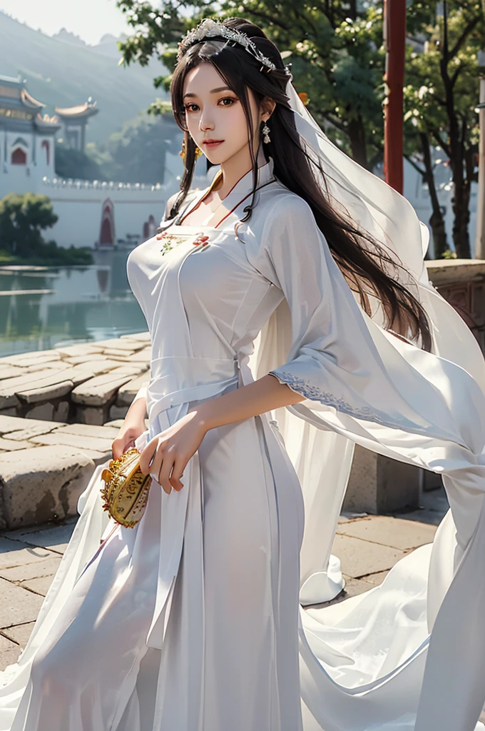 18 year old model, (big breasts:1.2), (shirt collar:1.2), marry , perfect iris, perfect lips, perfect teeth, Perfect beautiful skin, Long face, Slender nose, The headlights are weak., HDR, girl, white clothes, His hair is grayish white, very long and straight.， (Long gown, long hair and long shawl: 1.5), Long hair like a waterfall, outside background.,(Chinese Palace Background:1.5) ,(pastel colors：1.2),((big flower hair accessory)), (A loaf of black bread on the head.: 1.3)，(large flower crown: 1.3)