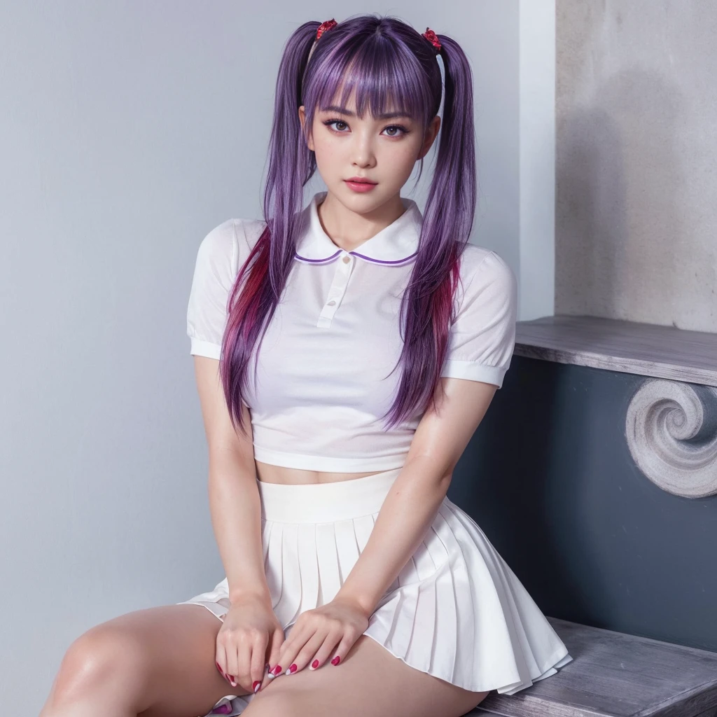 Ayane, purple hair, red eyes, (best quality, ultra-detailed), (realistic:1.37), beautiful and detailed face, ultra-realistic texture, delicate face, delicate body, red lipstick, long-lasting colors. high definition, 8K. expression with a sexy look