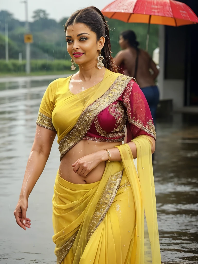 Full body photo of sexy 42 year old busty Aishwarya Rai Bachchan , ,red lipstick , deep cleavage, pony tail hair, , look at viewer and laughing (cinematic:1.3), intricate details, (ArtStation:1.2), wearing yellow see through basic shirt drenched under heavy rainfall on road with her wet hair and water flowing all along her Body, her clothes are wet and sticking to her body, navel seen, full body and legs seen