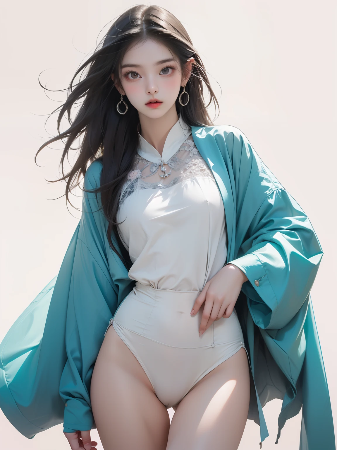 (masterpiece, Highest quality, One girl, alone, Intricate details, chromatic aberration), (Realistic), (顔のshape: Long face),(eye: きりっとしたeye, Cold Stare, eye shadow),(nose: nose筋のthinnose),(mouth: Neutral lips),(skin: 透明感のある白いskin), (shape: Wide Hips, Thigh Gap, Small breasts, thin), (Overall impression: Korean young woman), (Pink Blue Background), Strike a Pose