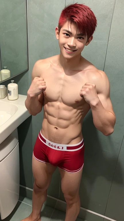 Japanese men、、Well-developed muscles and smooth skin、Shaved red hair、Relaxed and friendly smile、Light yellow boxer briefs、The whole body is visible from toes to head、Fist pump in the bathroom、