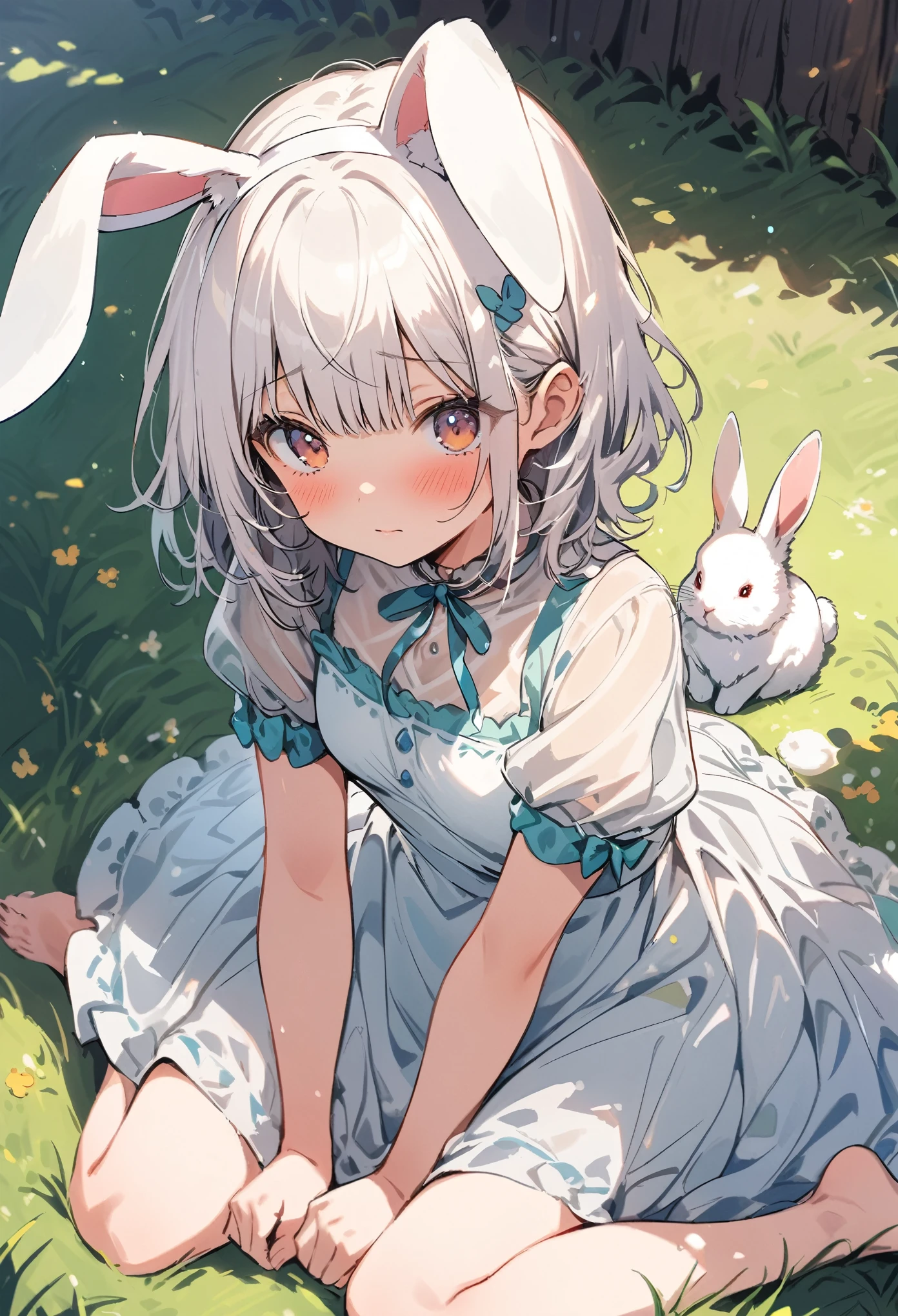 ((masterpiece, best quality)),1 girl, alone, animal ears, rabbit, barefoot, skirt, sitting, rabbit ears, short sleeves, (tease, Shy, blush: 1.3), looking at the audience, Grass, short hair, white hair, puff sleeves, outdoor, fluffy short sleeves, Bangs, on the ground, whole body, animal, white dress, Sunlight, brown eyes, mottled Sunlight, daytime,