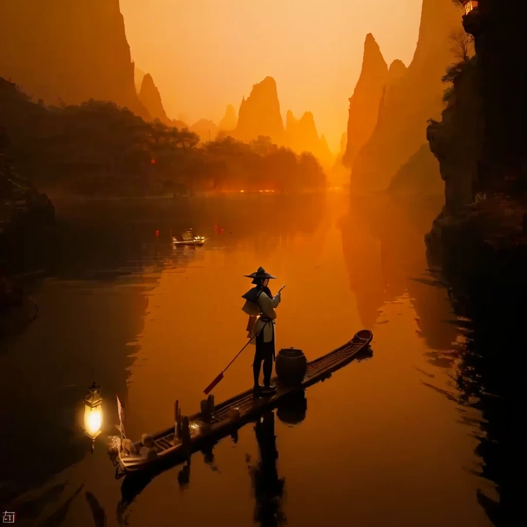 Lady Ara with a lantern on a raft on the river, Chinese scenery, Chinese Artsist, Fisherman, Chinese Arts, Fanhao Photography, Chinese, Stunning screensaver, Dreamy China, Stunning scenery, ancient China, traditional Chinese, Author Wang E, Warm and beautiful scene, Inspired by Lu Zhi, Chinese tradition, Chinese painting style, oriental scene
