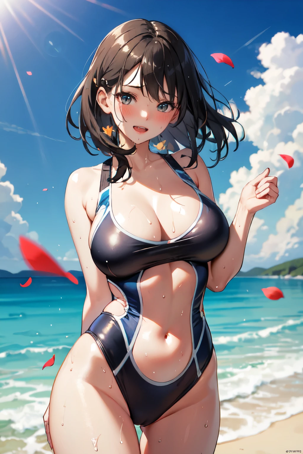 Highest quality, Great quality, 16K, Unbelievably absurd, Very detailed, delicate and dynamic, Natural light, Particles reflect light, Diffuse reflection of light, Many rainbow-colored petals fall, Beautiful sandy beach, Shining Sun, Diffuse reflection of light, Create amazing image effects, , Wet, sweating, receive, close(Cute sexy girl, A large, swaying bust, Sensual expression, Cool girl, Severe, passion, dynamic, Flashy swimsuit, ,audience , much-air-laden cheer)