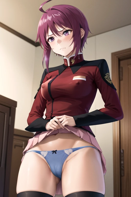 masterpiece, Highest quality, High resolution, One girl, alone, short hair, Ahoge, Redhead, Purple eyes, Purple Hair, Pink Skirt, uniform, Black knee socks, Long sleeve, (Skirt Lift:1.1), String bread, Panty shot,(Pants that barely cover the private parts),(NSFW) Light blue panties, Frowning, indoor,Protruding nipples、