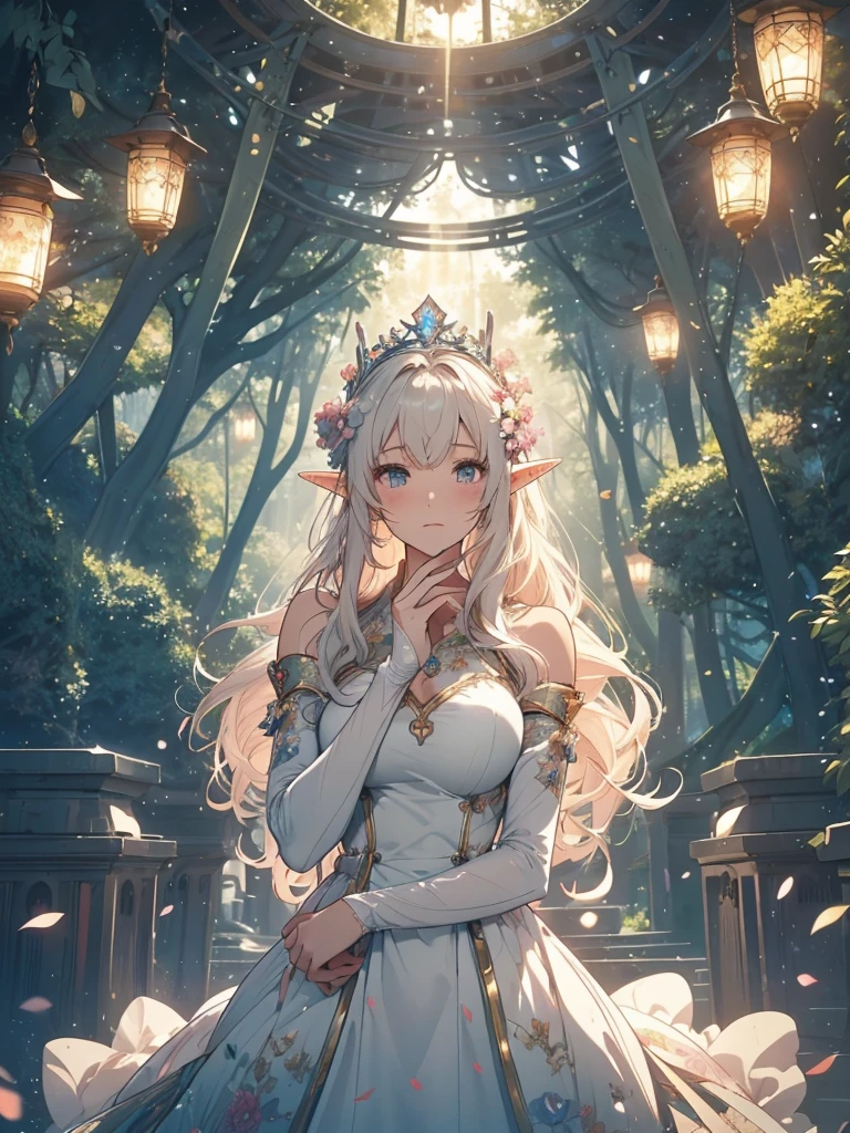 最high quality、1 woman elf on screen 、Beautifully decorated  dress、Beautiful foam、With a serious expression、Pray Earnestly、Praying with hands together！、CourtyardShining fairy wings、Flower fractal art　　Beautiful Nature　Crystal of snow、beautiful 　、Bigger on the screen((cowboy shot 　))　((  body stocking　　　、beautiful dress,,))Beautiful radiance,High-definition depiction, Realistic, 8k, Unity, beautiful Shot, 、 Beautifully and vividly drawn, , Beautiful, beautiful, clear skin、beautiful ,Countless rays of light pouring down, Swirling Light, Raise one arm above your head, Intense light is emitted from the magic circle in front of the girl.   forest、Lots of leaves、green leaves、Particles of light、at night、Magic Palace、Fairy tale、
Romanticism,Cowboy Shot: The most beautiful form of chaos, Mr..々colour, Intertwined flowers, ,magical gentle l,,image quality、masterpiece、Beautiful Face、Super beautiful elf woman((Big breasted 22 year old office lady、Bust 100,Beautiful long ironed hair 、bionde hair,height: 165cm。ANDsbian、、high quality、、Visual art、Written boundary depth、、ANDlf ANDars、、universe、gentle light、ANDlf forest、elegant、ticker beautiful decorative、、magic、forest、beautiful tiara、Beautiful bed、Beautiful Landscape、wonderful、Fluttering petals、、、Cultivate fantasy、、Mystery light　Lots of flowers、、art、forest, palace, art,mystery,Ultra-high resolution,atmosphere A colorful and dreamy anime-style illustration of a young girl with beautiful hair,Beautiful Forest. surrounded by a kaleidoscope of colors and glowing lights. The background is filled with whimsical details and a magical atmosphere.