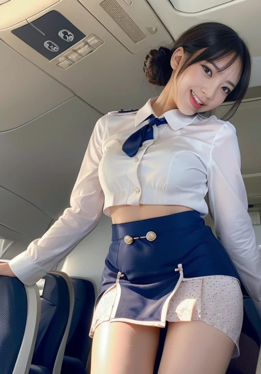 Very beautiful Japanese female stewardess、Age 25、Perfect beauty、Perfect Style、smile、detail、(((stewardess costume))), (((mini skirt))), (hi-res: 1.1)), (((Inside a passenger plane))), (((Hair style: chignon))), looking at the camera、Cowboy Shot、Panties are visible, smile, Slim legs, Tightened ankle, Licking lips,((Perfect beauty)), ahegao, ((Milk is spilling out of the mouth)), Camel Toe,ahegao, Licking lips,((From below:1.25))、Inside a passenger plane, (((Not wearing panties))), ((Milk is spilling out of the mouth)), looking at the camera, Not wearing a bra,