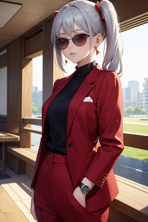 (masterpiece,Highest quality:1.4),(8k,RAW Photos,Photorealistic:1.2),Glowing Skin,Detailed skin,Detailed face,Detailed eyes,One girl,Japanese Idols,Beautiful Face, Yukine Chris, Silver Hair,Beautiful waist-length twin tails, beautiful girl, Tall Girl, Perfect body, whole body, A faint smile, Are standing, Dress formally, formal red shirt, Red trousers, Red blazer, Wearing a blazer, Put on earrings, I'm wearing sunglasses,wearing a watch, Being in a public place, I&#39;Tokyo city m, Being on the street, Portrait Photography, HD quality, 8k, Beautiful images, HD Images, RAW Photos
