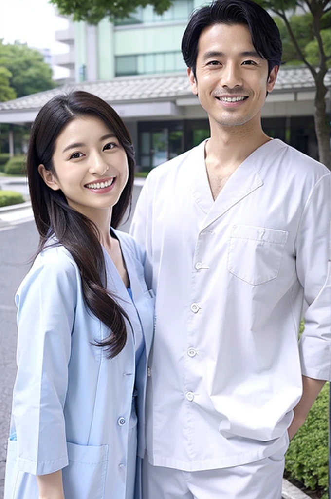 dentist 2 people Harmony々 Wearing plain white scrubs Japanese Black hair Late 50s Main upper body smile Shooting outside Tokyo All white clothes