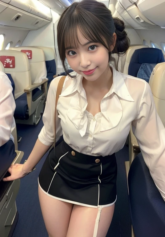 Very beautiful Japanese female stewardess、Age 25、Perfect beauty、Perfect Style、smile、detail、(((stewardess costume))), (((mini skirt))), (hi-res: 1.1)), (((Inside a passenger plane))), (((Hair style: chignon))), looking at the camera、Cowboy Shot、Panties are visible, smile, Slim legs, Tightened ankle, Licking lips,((Perfect beauty)), ahegao, ((Milk is spilling out of the mouth)), Camel Toe,ahegao, Licking lips,((From below:1.25))、Inside a passenger plane, (((Not wearing panties))), ((Milk is spilling out of the mouth)), looking at the camera, Not wearing a bra,