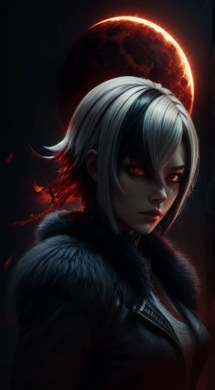 Shown, .. She has white-gray hair , у нее short hair и  открыть, sexual, hot, , Running Through Hell. Fire on both sides. eruption. Fiery Winter. A Dark Existence. The blood-red moon drips with drops of blood. Rivers of Blood in the Streets.very detailed, Dynamic, cinematic, deafening, Realistic lighting and shading, harlequin, hair between eyes, black hair, White hair, short hair, coat, fur trim, fur-trimmed coat, (X-shaped eyes, Eyes in the shape of symbols, Slanted eyes),
