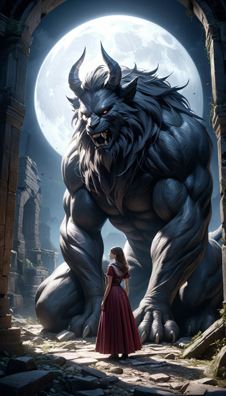 a beautiful young woman in a dark fantasy landscape, kneeling in front of a demonic monster, moonlight shining in the background, ruins and dark environment, (best quality,4k,8k,highres,masterpiece:1.2),ultra-detailed,(realistic,photorealistic,photo-realistic:1.37),dark fantasy,moonlight confession,beauty and the beast,woman kneeling before beast,big moon in background,horror,immersive ruins background,dark,dramatic lighting,chiaroscuro,cinematic composition,intricate details,dramatic shadows,moody atmosphere