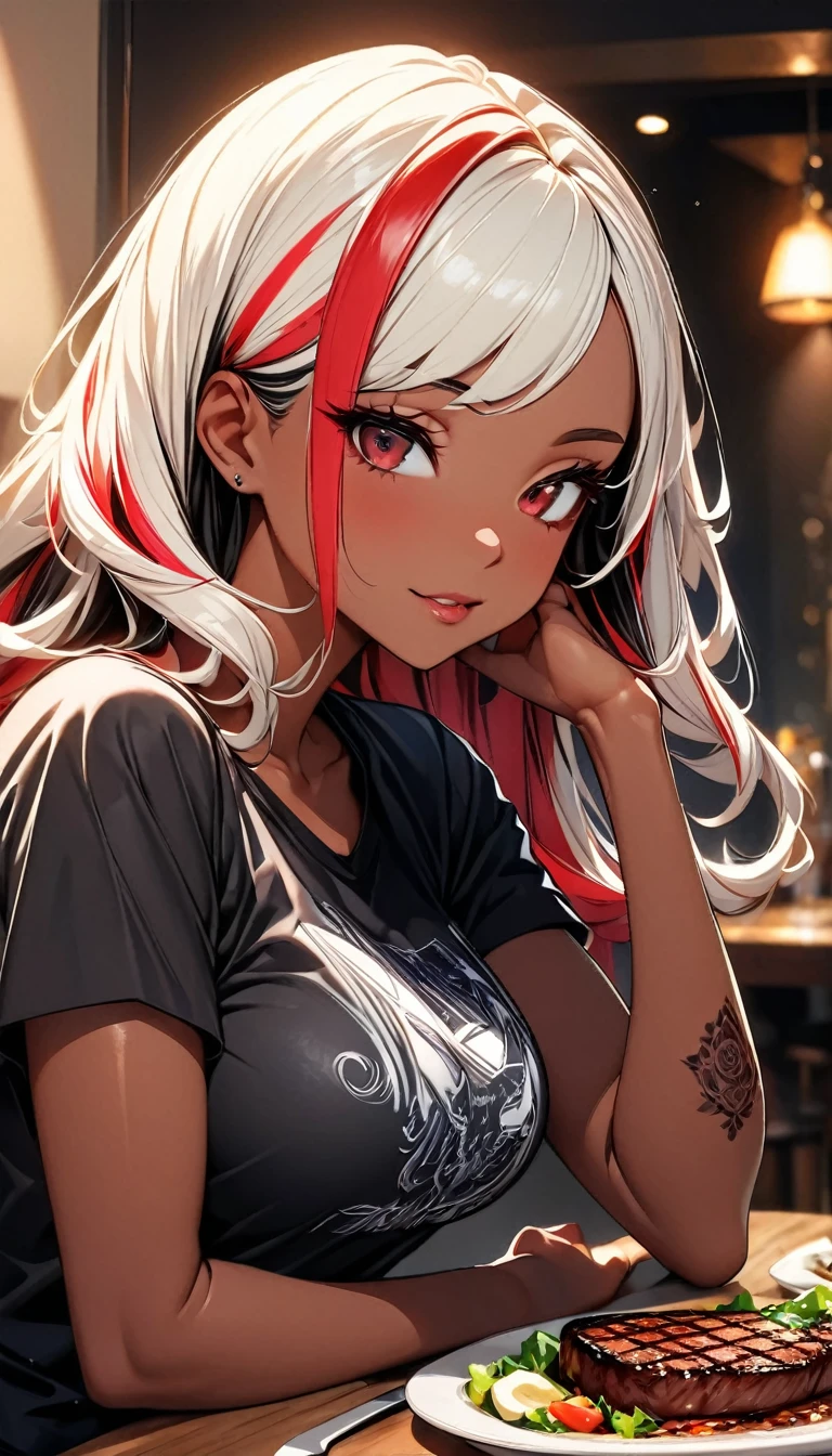 (highest quality:1.2, Very detailed, up to date, Vibrant, Ultra-high resolution, High Contrast, masterpiece:1.2, highest quality, Best aesthetics), Portraiture、girl、singer、Bright colors、Beautiful fine details、Beautiful lip detail、midium wave hair、red and white ((streaked hair:1.6)), highlights hair: 1.5, red eyes, slim body, middium breast, (tan skin:1.1), drink beer, ((drunk:1), Bar, Corset Top, Ripped Skinny Jeans, (Floral Fineline tattoo design on left arm:1), Resolute expression、Avid Fan、Rock star aura, (cowboy shot:1), ((have a mug of beer:1))