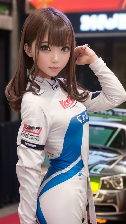 circuit、(Racing suit uniform、Racing Suit Costume、Racing Suit Cosplay、Racing suit outfit、Racing suit costume、Sexy college girl)、1 girl、Medium breast、Bob Hair、masterpiece:1.3、Raw photo、Highest quality、Highest quality、Detailed image quality、Detailed Background、Stand next to the machine、
