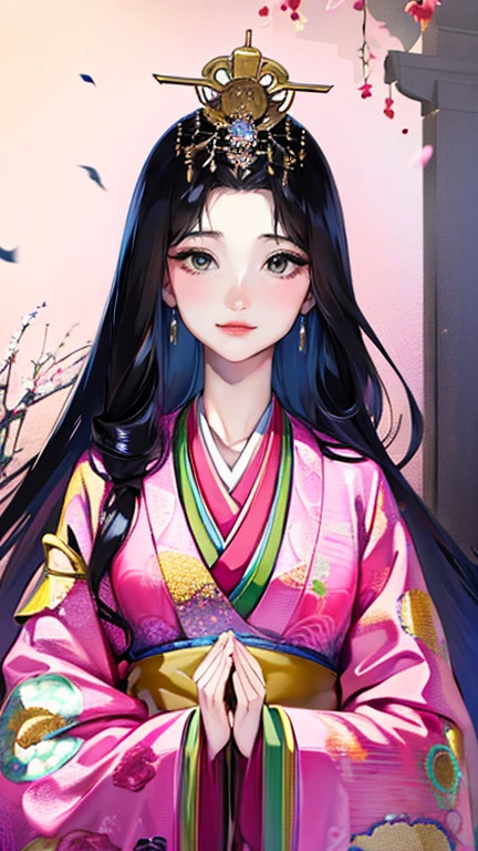 (Highest quality、 8k 、masterpiece、High resolution)、Heian period、A beautiful young woman from the nobility、、(Straight hair、Long, beautiful black hair),(Beautiful Face、Beautiful eyes、A neat nose、Pretty lips)、A friendly gaze、Faint smile、(Silver、gem、Ivory hairpin、Headdress)、(12 Single layer kimono、Mainly light pink Many colors Vibrant colors The beauty of layered colors),背景はHeian periodの建物、Official Art、Detailed CG、