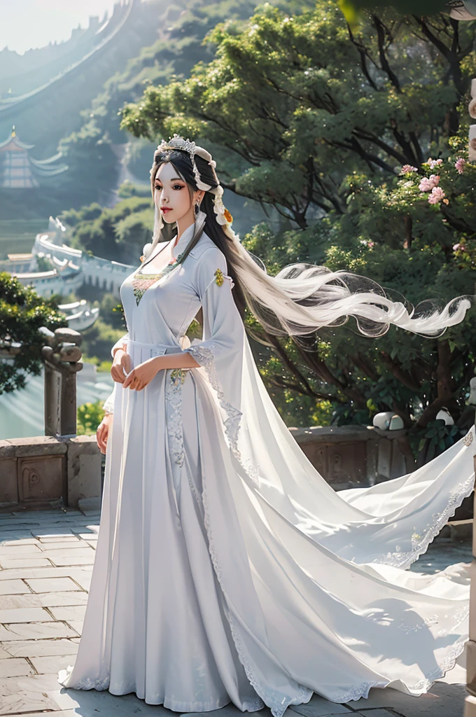 18 year old model, (big breasts:1.2), (shirt collar:1.2), marry , perfect iris, perfect lips, perfect teeth, Perfect beautiful skin, Long face, Slender nose, The headlights are weak., HDR, girl, white clothes, His hair is grayish white, very long and straight.， (Long gown, long hair and long shawl: 1.5), Long hair like a waterfall, outside background.,(Chinese Palace Background:1.5) ,(pastel colors：1.2),((big flower hair accessory)), (A loaf of black bread on the head.: 1.3)，(large flower crown: 1.3)18 year old model, (big breasts:1.2), (shirt collar:1.2), marry , perfect iris, perfect lips, perfect teeth, Perfect beautiful skin, Long face, Slender nose, The headlights are weak., HDR, girl, white clothes, His hair is grayish white, very long and straight.， (Long gown, long hair and long shawl: 1.5), Long hair like a waterfall, outside background.,(Chinese Palace Background:1.5) ,(pastel colors：1.2),((big flower hair accessory)), (A loaf of black bread on the head.: 1.3)，(large flower crown: 1.3)