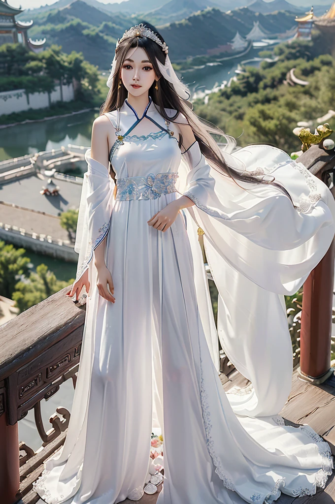 18 year old model, (big breasts:1.2), (shirt collar:1.2), marry , perfect iris, perfect lips, perfect teeth, Perfect beautiful skin, Long face, Slender nose, The headlights are weak., HDR, girl, white clothes, His hair is grayish white, very long and straight., (Long gown, long hair and long shawl: 1.5), Long hair like a waterfall, outside background.,(Chinese Palace Background:1.5) ,(pastel colors:1.2),((big flower hair accessory)), (A loaf of black bread on the head.: 1.3),(large flower crown: 1.3)18 year old model, (big breasts:1.2), (shirt collar:1.2), marry , perfect iris, perfect lips, perfect teeth, Perfect beautiful skin, Long face, Slender nose, The headlights are weak., HDR, girl, white clothes, His hair is grayish white, very long and straight., (Long gown, long hair and long shawl: 1.5), Long hair like a waterfall, outside background.,(Chinese Palace Background:1.5) ,(pastel colors:1.2),((big flower hair accessory)), (A loaf of black bread on the head.: 1.3),(large flower crown: 1.3)