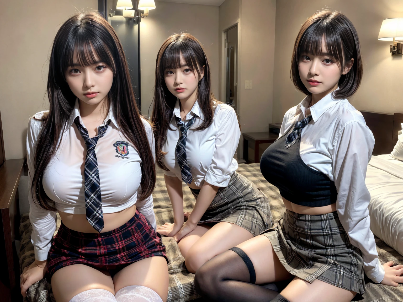 masterpiece, best quality, illustration, Super detailed, fine details, High resolution, 8K,wall paper, perfect dynamic composition,(Details High quality, realistic depiction of eyes:1.3), (3 girls), (white school shirt :1.2), (plaid skirt :1.3), tie black, black thigh-high stockings, sitting, open legs, short bob hair, in a hotel room in the background, deep on field, large breasts, black hair color, Big Natural Color Lip, (perfect body shape), crying a little、Harajuku style、20 year old girl、cute type、beautiful legs, Gravure Idol