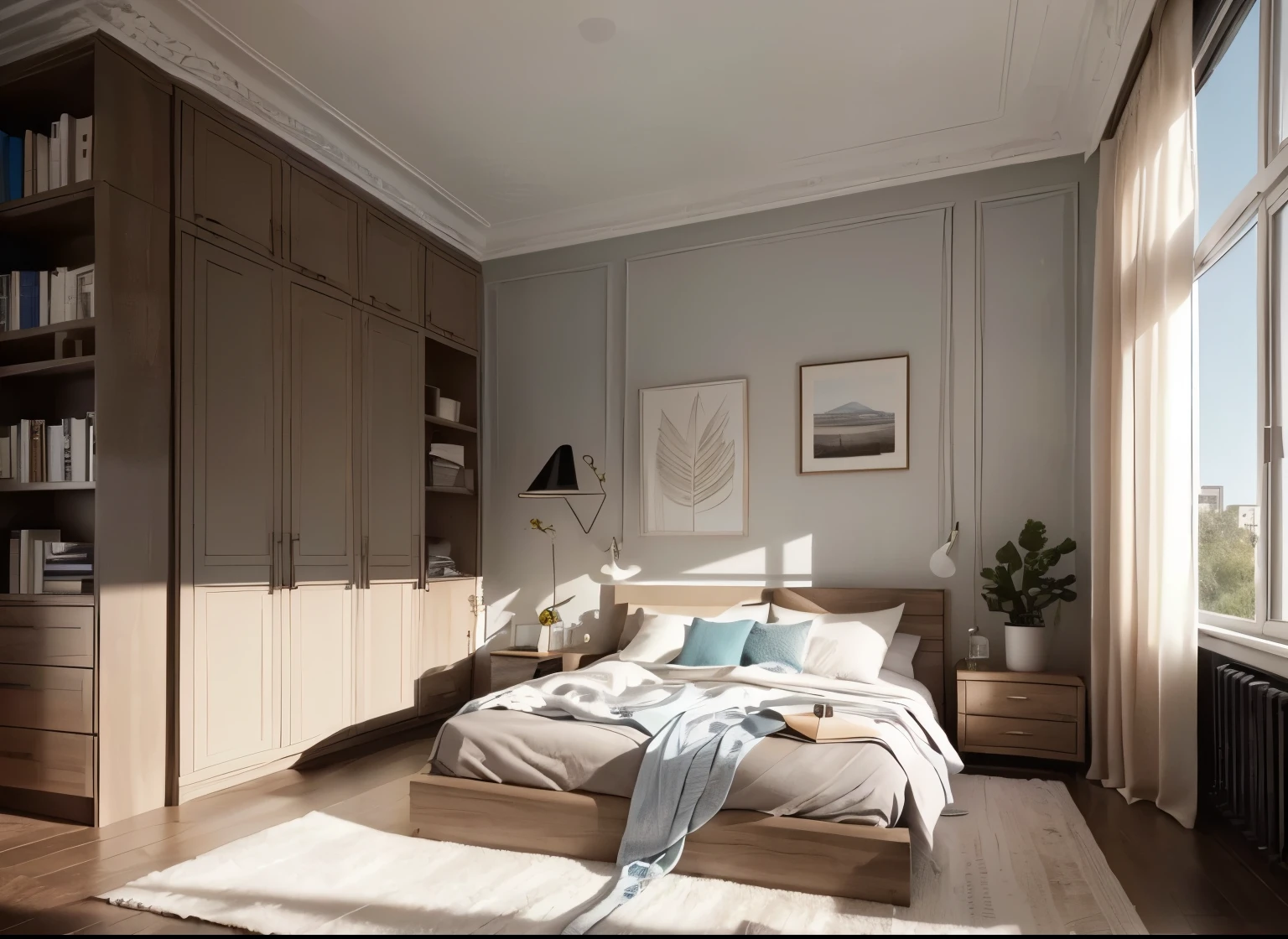 a view of'a bedroom with a bed and a mirror, a 3D rendering inspired by Reinier Nooms, tumblr, Art conceptuel, Bedroom, look moderne et frais, rendu 3D très réaliste, rendu très réaliste, dark room, luxury hd render, excellent rendu 3D, style moderne et frais, With Vray, style 3D réaliste, Elegant rendering