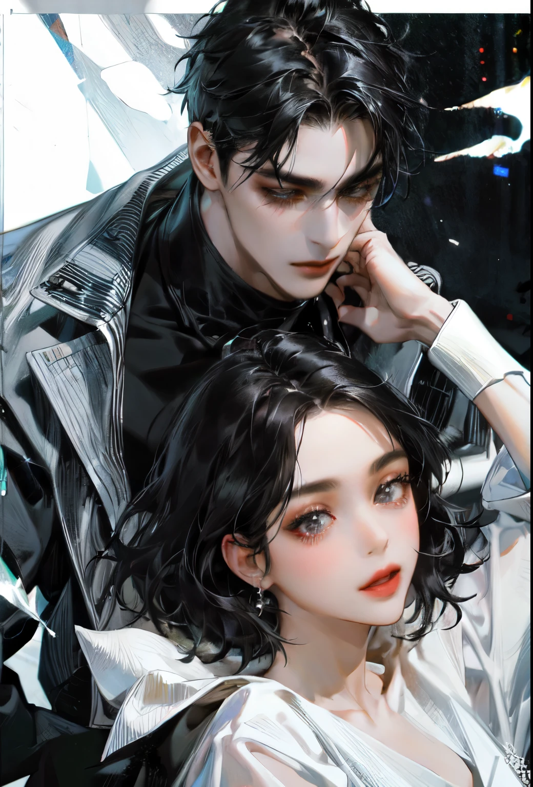 A pair of black-haired couple leaning together