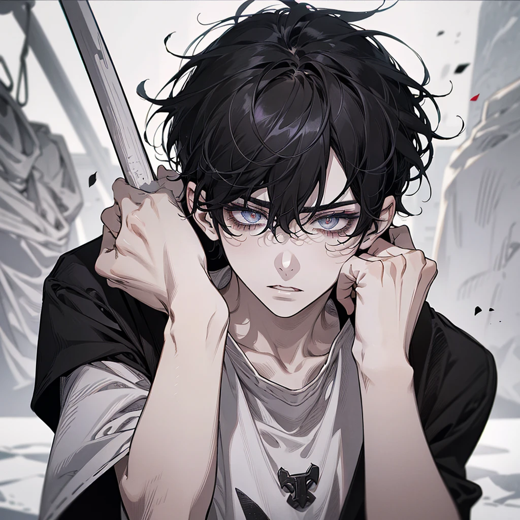 wavy short hair, black hair, {{{bags under eyes}}}, skinny, Pale skin, sharp face, hair between eyes, black eyes, tired, messy hair, sconstricted pupils, priest, 1boy, giant, dilated pupils