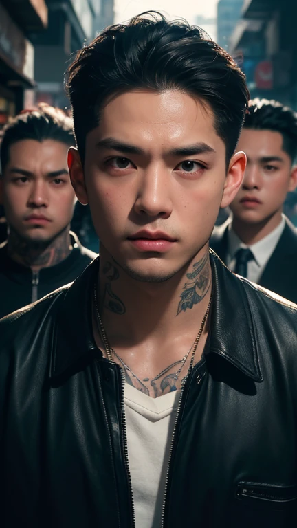 Close-up of a group of extremely handsome, 15-year-old, muscular, tattooed, necklace-wearing, high-tailed young men, street scene, gangster style, romance, Hong Kong cinema, knives, guns, spears, clubs. Their eyes are filled with sadness and longing. The background is a trail of blood and violence. Cinematic lighting, high detail, 8k, artstation, conceptual art, dark fantasy. Photo taken with a Canon EOS R5 85mm f/11 camera, ((sharp)) mode of people and surroundings. Image quality ((8K)), ((realistic)), ((masterpiece)), ((sharpest and highest contrast)), ((excellent depth of field)), ((stereoscopic lighting)). ((angry, ferocious)), detailed pores, ((Direct facial lighting)), bright sunlight.