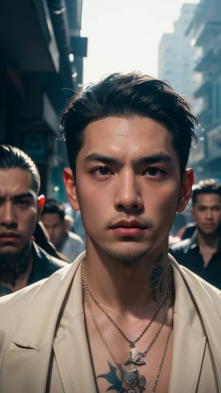 Close-up of a group of extremely handsome, -yeld, mular, tattooed, necklace-wearing, high-tailed young men, street scene, gangster style, romance, Hong Kong cinema, knives, guns, spears, clubs. Their eyes are filled with sadness and longing. The background is a trail of blood and violence. Cinematic lighting, high detail, 8k, artstation, conceptual art, dark fantasy. Photo taken with a Canon EOS R5 85mm f/11 camera, ((sharp)) mode of people and surroundings. Image quality ((8K)), ((realistic)), ((masterpiece)), ((sharpest and highest contrast)), ((excellent depth of field)), ((stereoscopic lighting)). ((angry, ferocious)), detailed pores, ((Direct facial lighting)), bright sunlight.